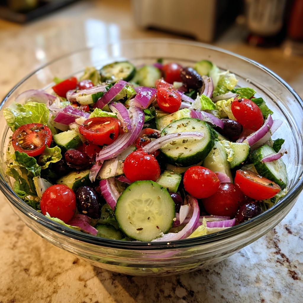 Glass bowl of fresh Greek salad with cucumbers, cherry tomatoes, red onions, olives, and lettuce.