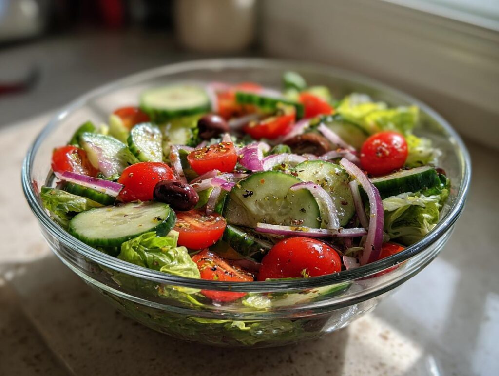 Glass bowl of fresh Greek salad with cucumbers, cherry tomatoes, red onions, olives, and lettuce.