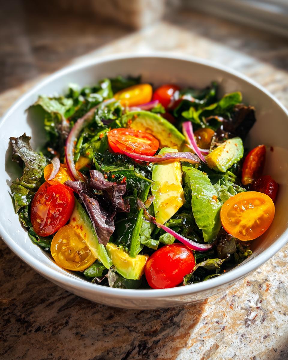 Bowl of fresh mixed greens salad with cherry tomatoes, avocado, and red onion for light spring lunches.
