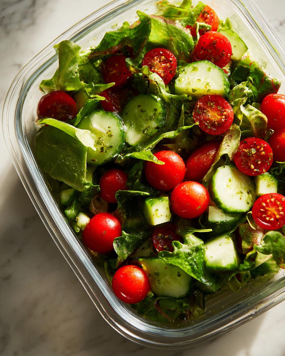 Glass container filled with fresh salad of cherry tomatoes, cucumber slices, and leafy greens for easy meal prep lunches