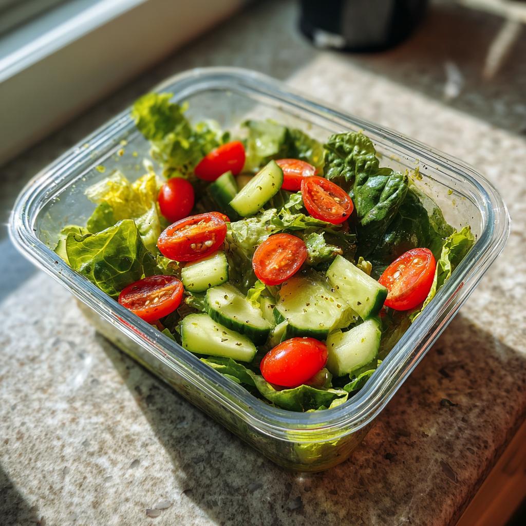 Clear container with fresh lettuce, cherry tomatoes, and cucumber for easy meal prep lunches