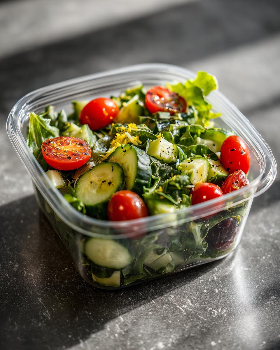 Clear container filled with fresh salad including cherry tomatoes, cucumber, and leafy greens for easy meal prep lunches