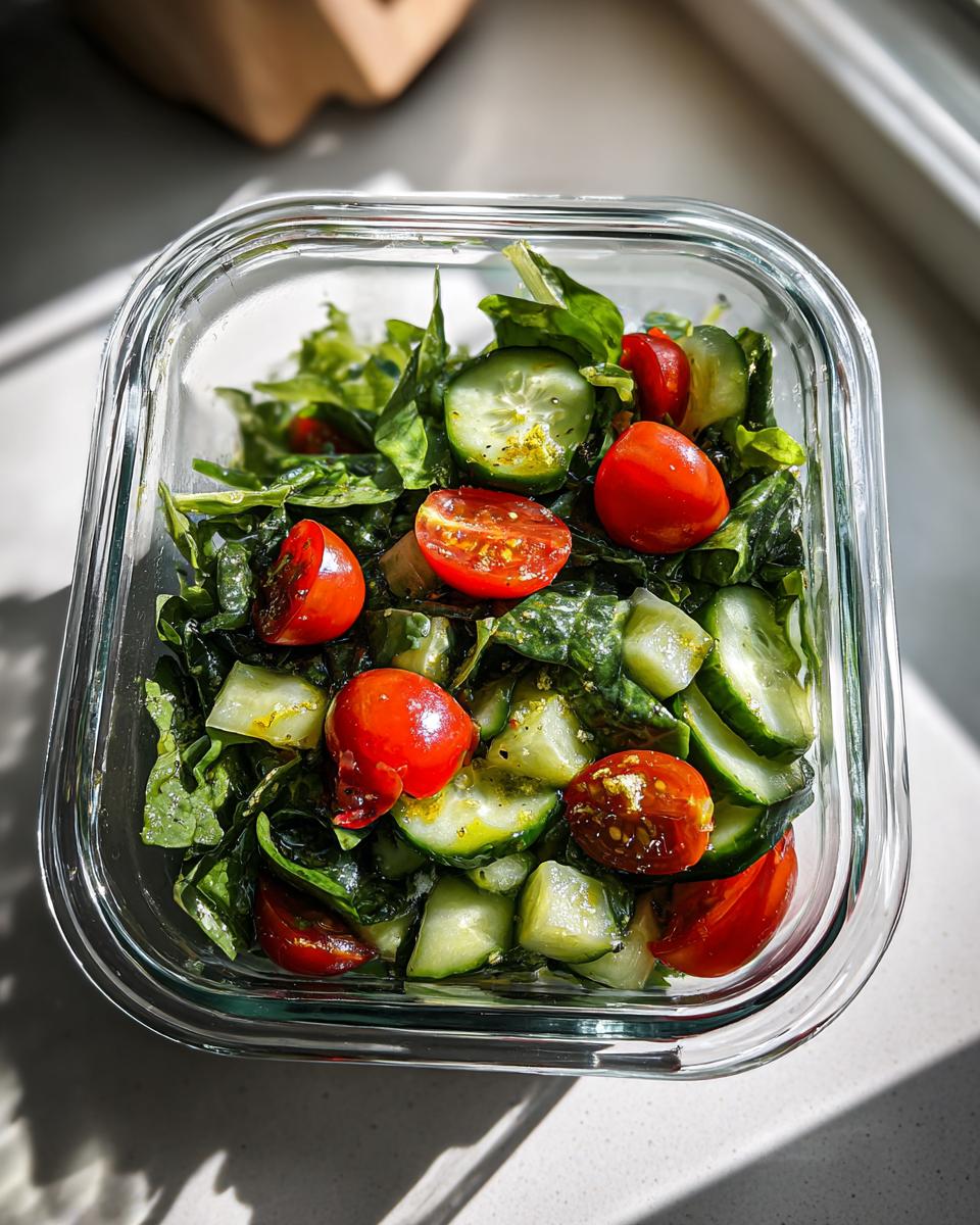 Glass container with fresh salad of spinach, cherry tomatoes, and cucumber for easy meal prep lunches.