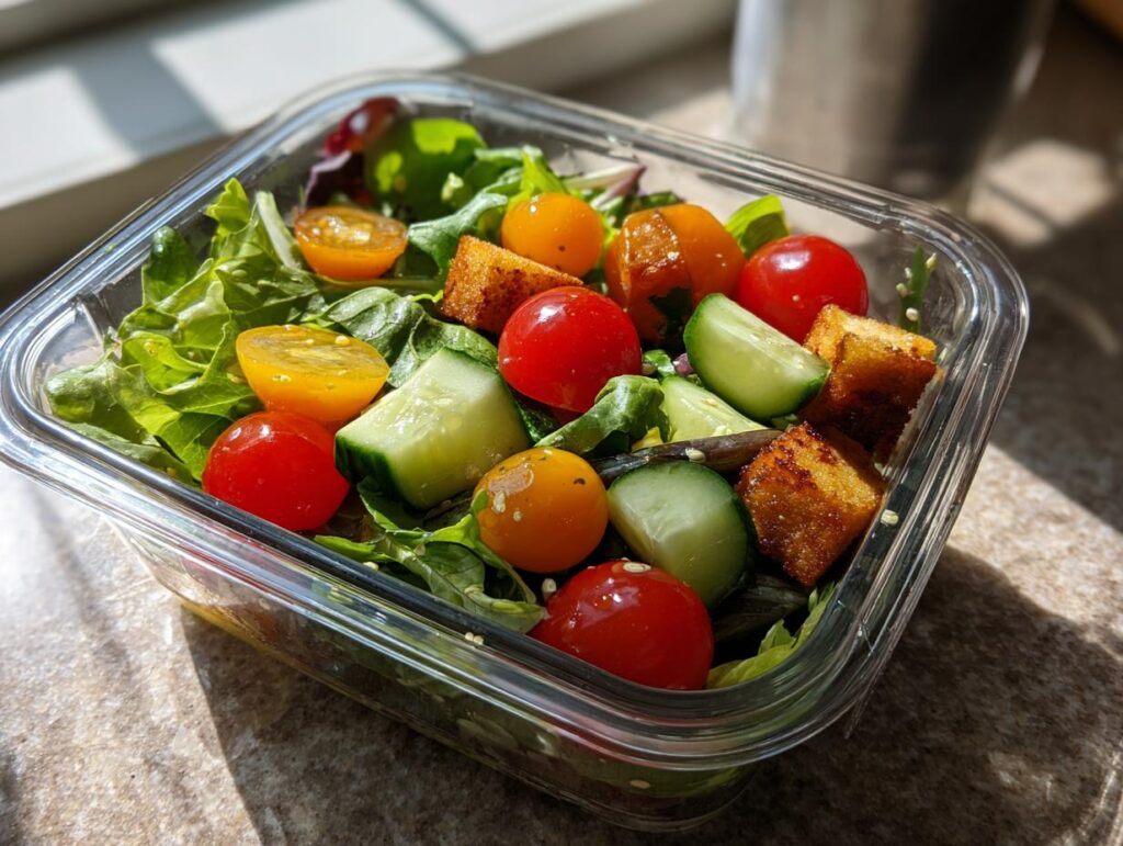 Glass container filled with fresh salad including cherry tomatoes, cucumber, lettuce, and croutons for easy meal prep lunches.