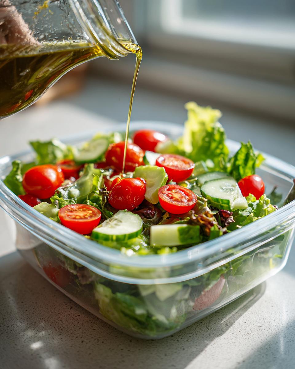Olive oil being poured over fresh salad with cherry tomatoes and cucumbers for easy meal prep lunches
