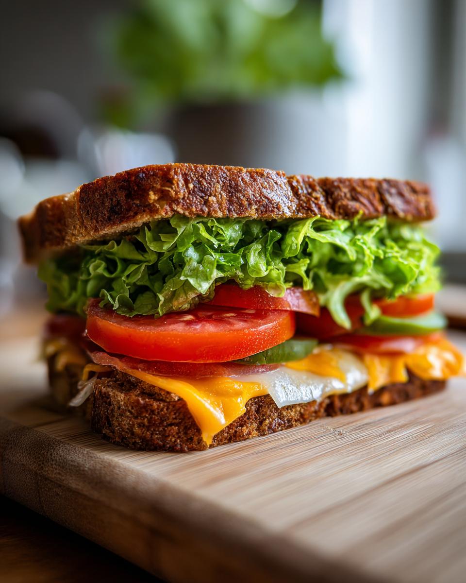 Close-up of a sandwich with lettuce, tomato, cheese, and whole grain bread for quick lunch ideas.
