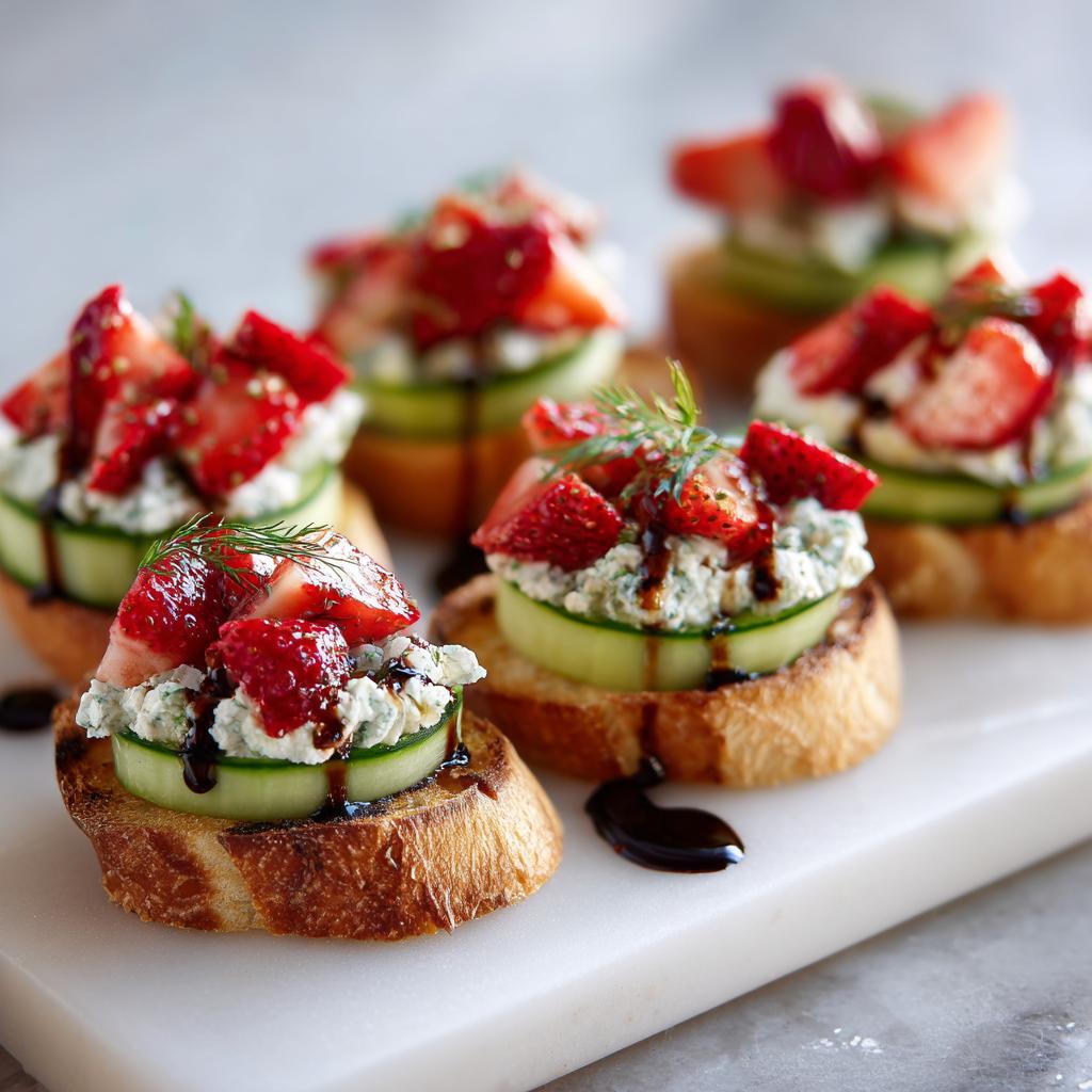 Fresh spring appetizers with cucumber, herb cheese, strawberries, and balsamic glaze on toasted bread slices.