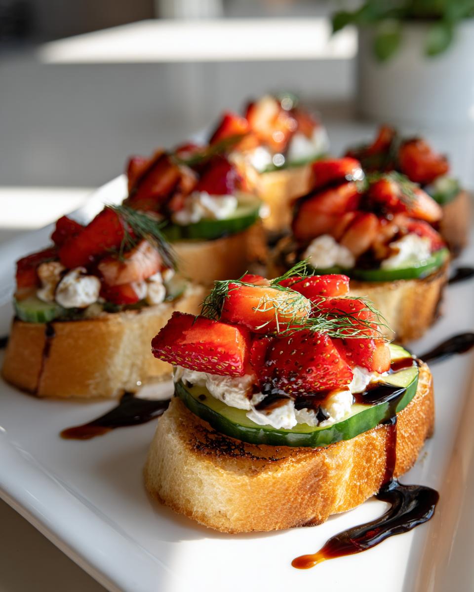 Fresh spring appetizers with toasted bread topped with cucumber, cream cheese, strawberries, dill, and balsamic glaze