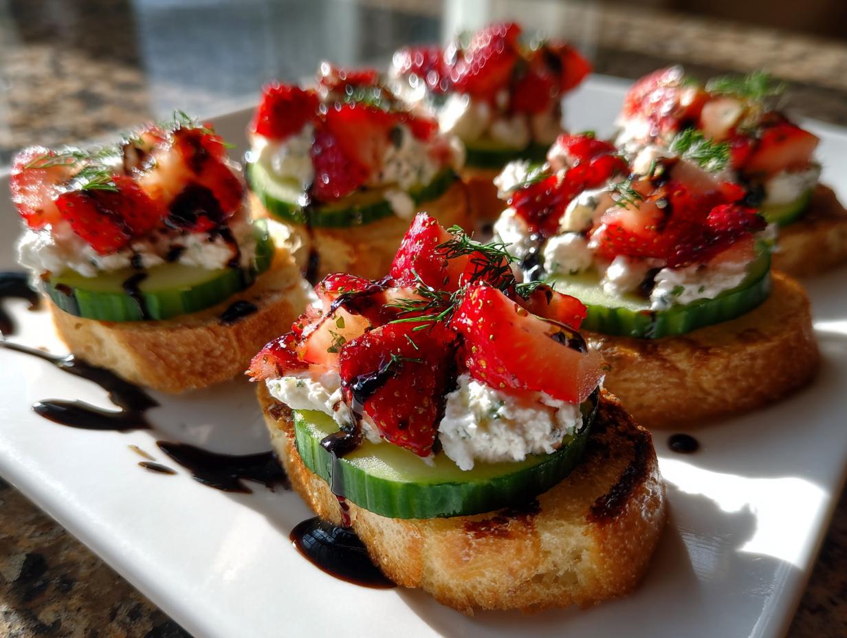 Fresh spring appetizers with toasted bread, cucumber slices, cottage cheese, strawberries, and balsamic glaze