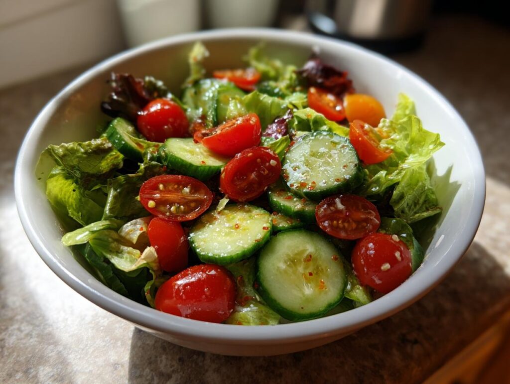Bowl of fresh salad with lettuce, cherry tomatoes, and cucumber slices for spring dinner recipes