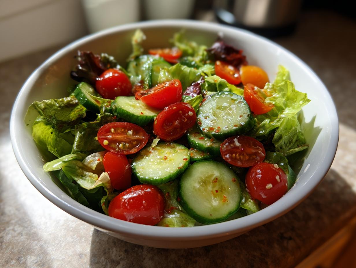 Bowl of fresh salad with lettuce, cherry tomatoes, and cucumber slices for spring dinner recipes