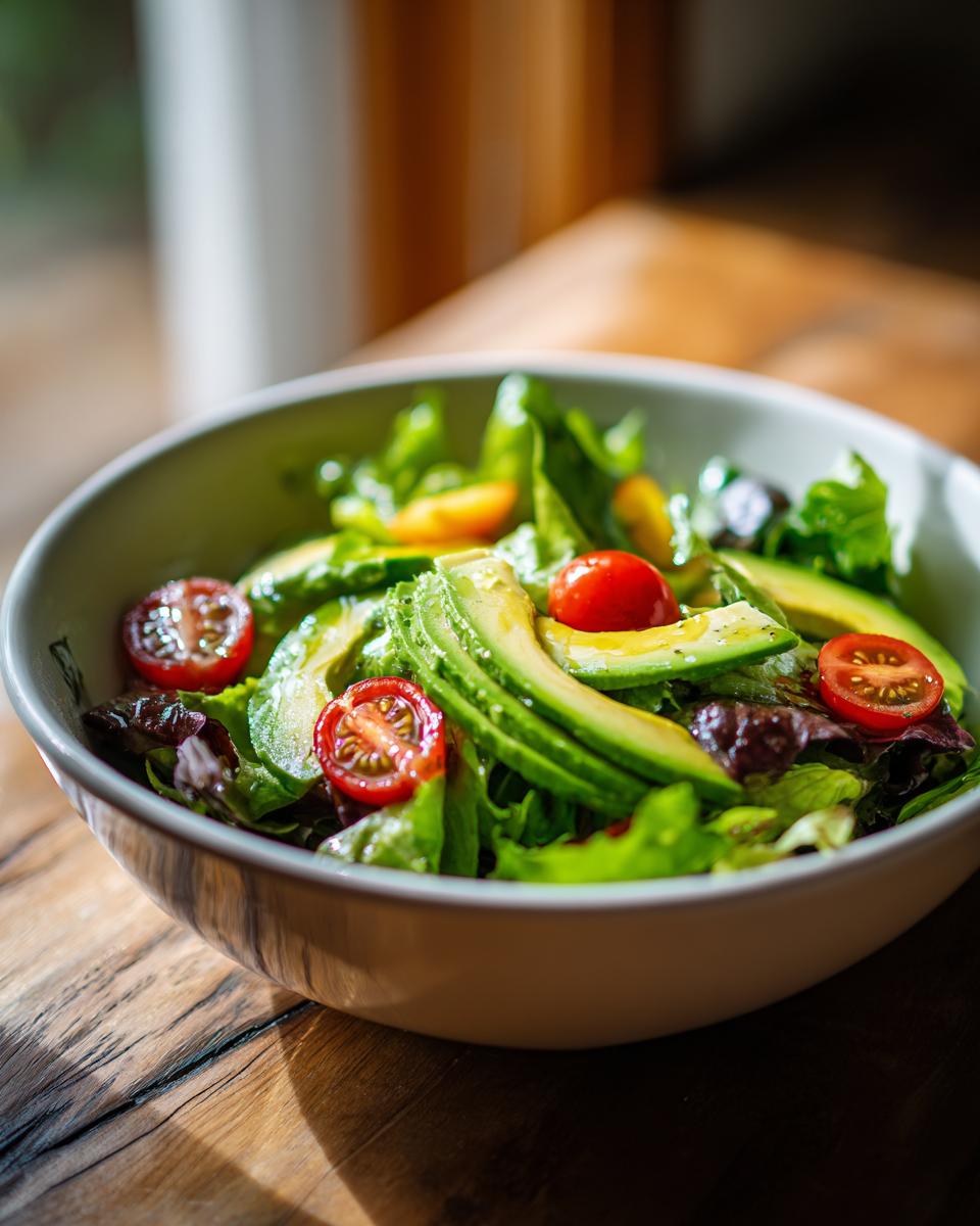 Bowl of fresh salad with avocado slices, cherry tomatoes, and mixed greens for April seasonal recipes