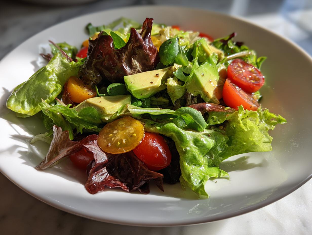 Fresh spring salad with avocado, cherry tomatoes, and mixed greens on a white plate.