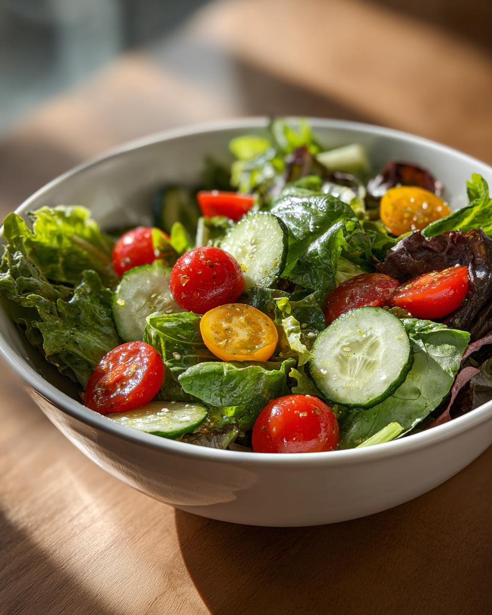 Bowl of fresh spring salad with cherry tomatoes, cucumber slices, and mixed greens for spring family meals