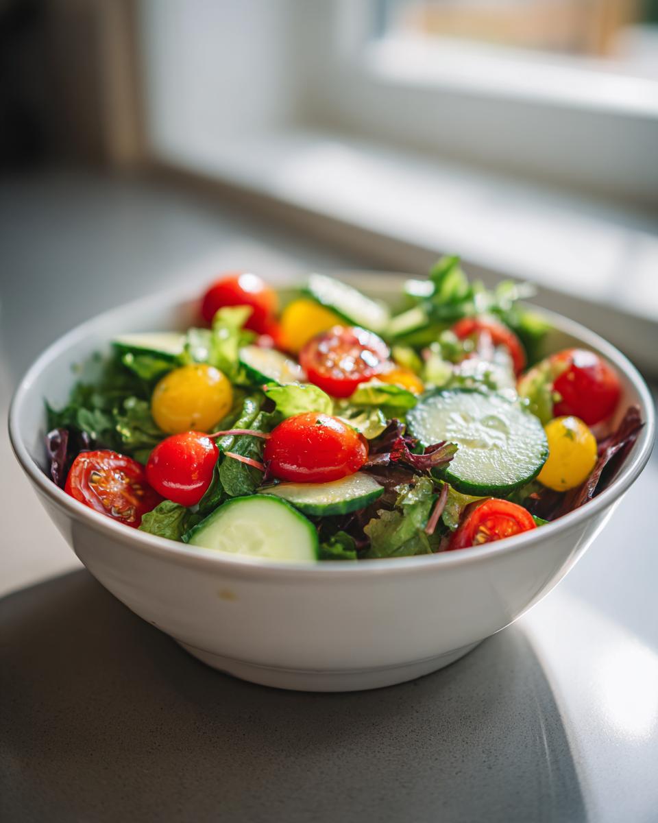 Bowl of fresh spring salad with cherry tomatoes, cucumber slices, and mixed greens.
