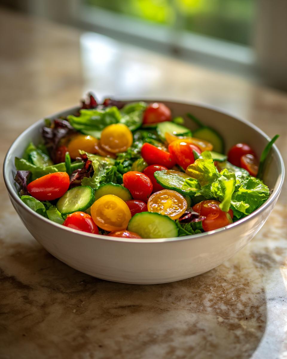Bowl of fresh spring salad with cherry tomatoes, cucumbers, and mixed greens.