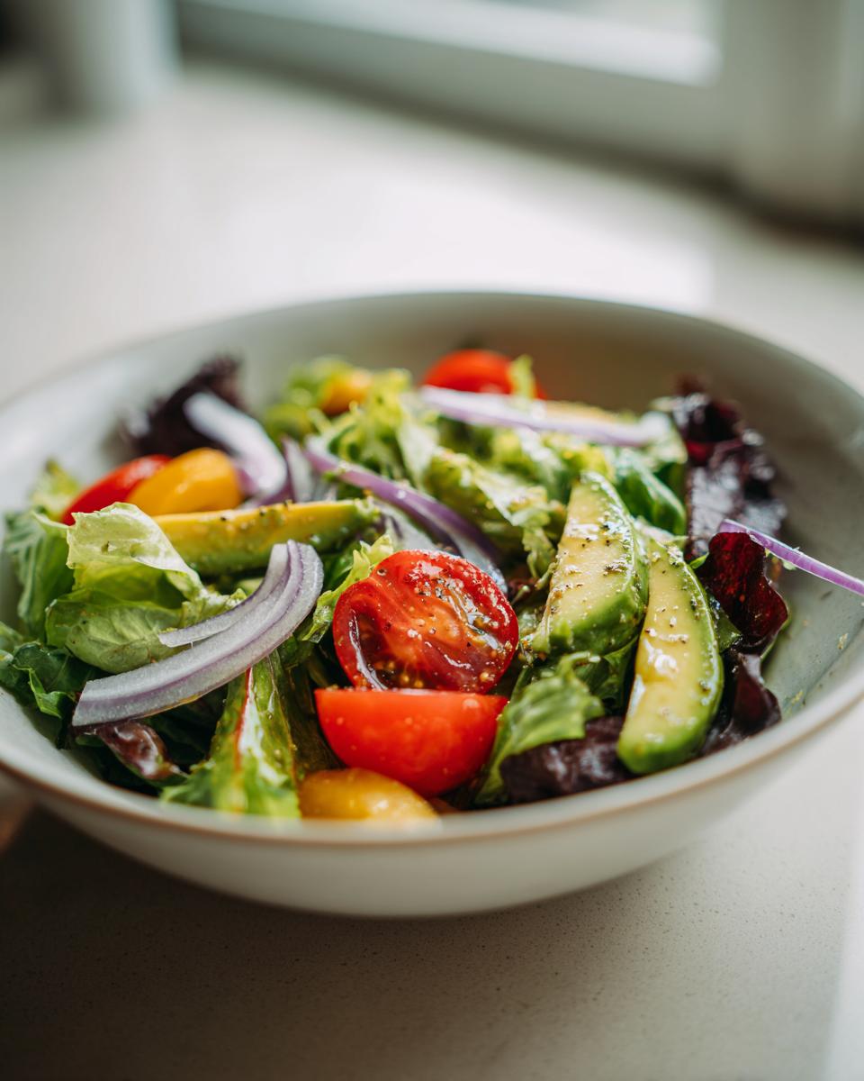Bowl of fresh salad with avocado, cherry tomatoes, red onion, and mixed greens for light spring lunches