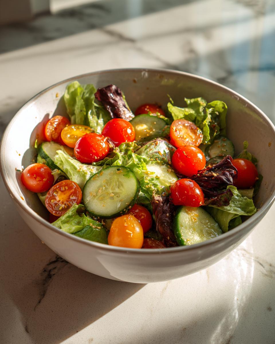 Bowl of fresh spring salad with cherry tomatoes, cucumber slices, and mixed greens for spring family meals