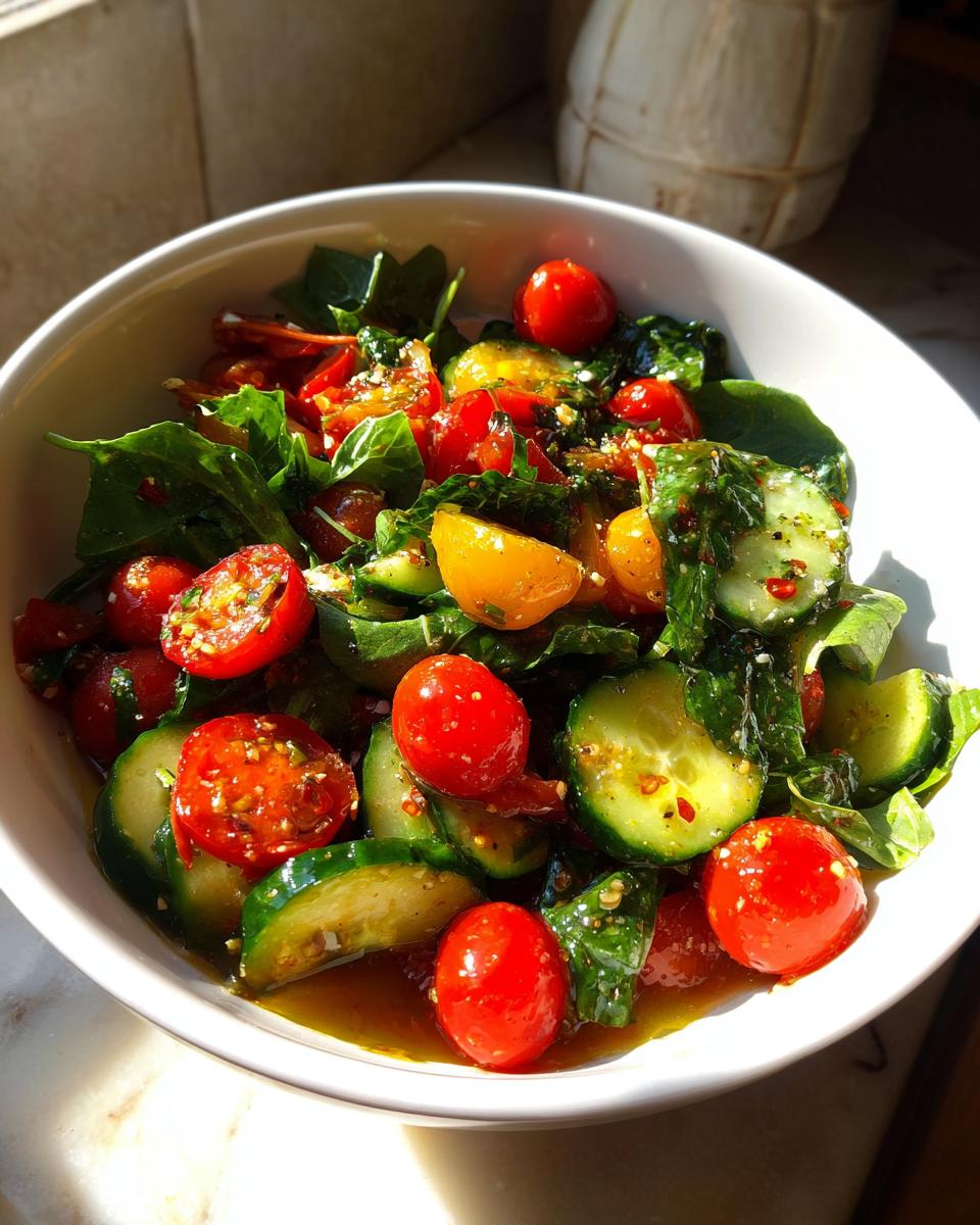Bowl of fresh spring salad with cherry tomatoes, cucumbers, and leafy greens for spring family meals