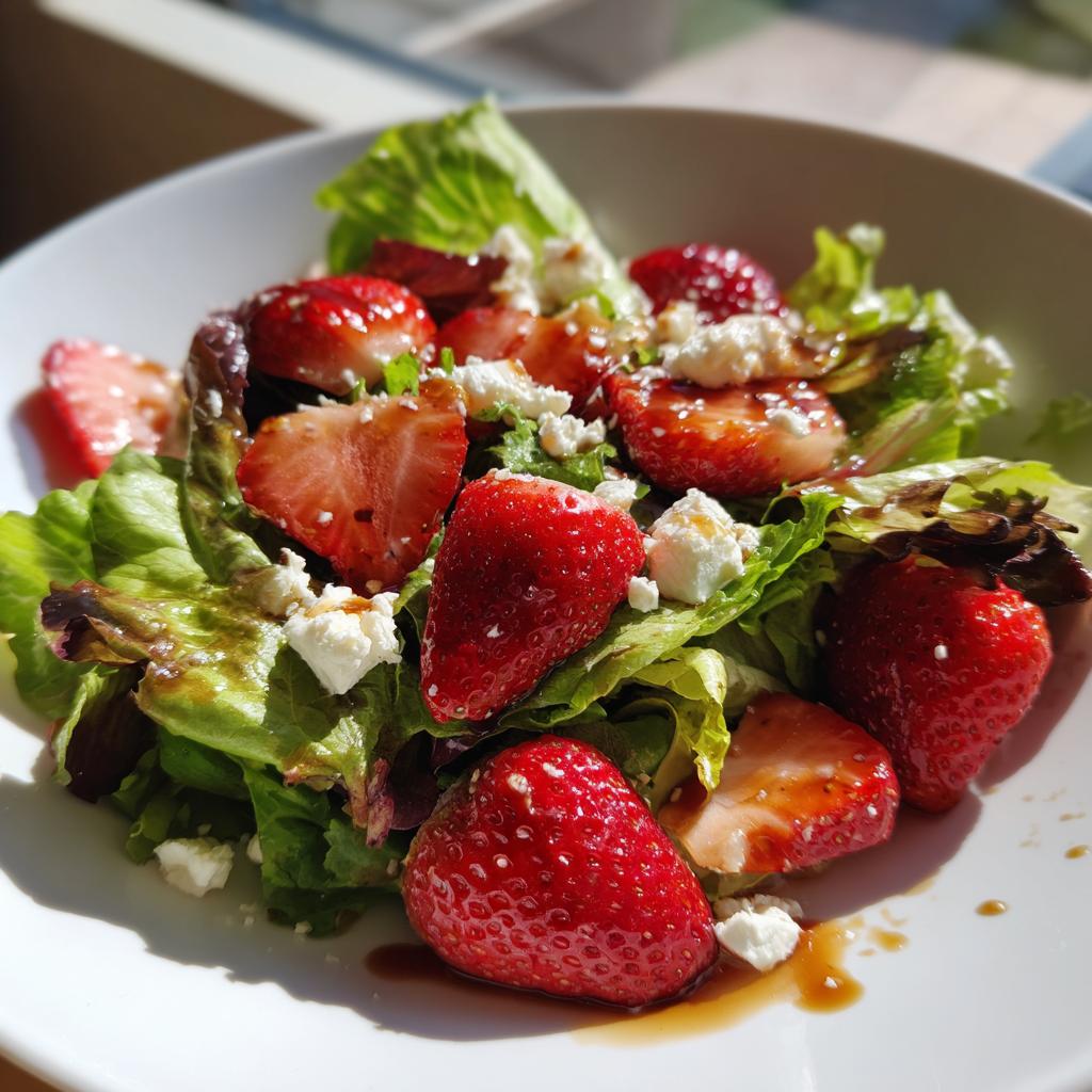 Fresh strawberry salad with leafy greens and cheese, drizzled with dressing on a white plate.