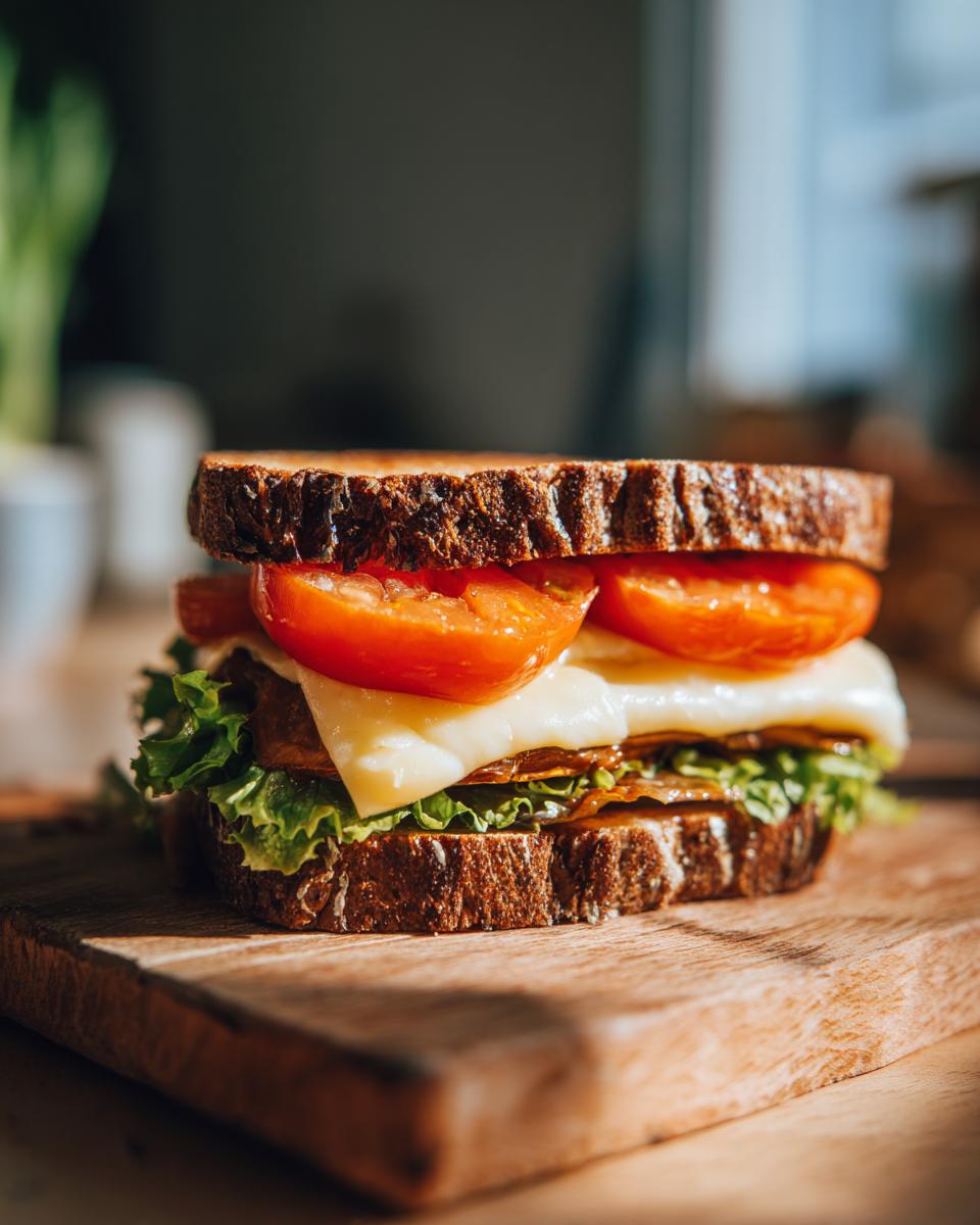 Close-up of a sandwich with fresh tomato slices, melted cheese, lettuce, and whole grain bread.