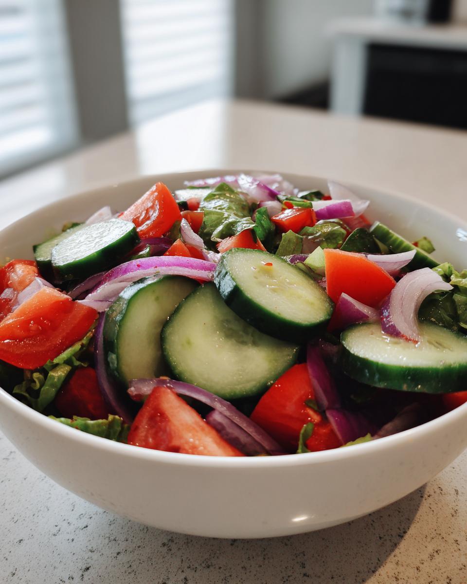Bowl of fresh salad with cucumber, tomato, red onion, and lettuce for easy salad recipes