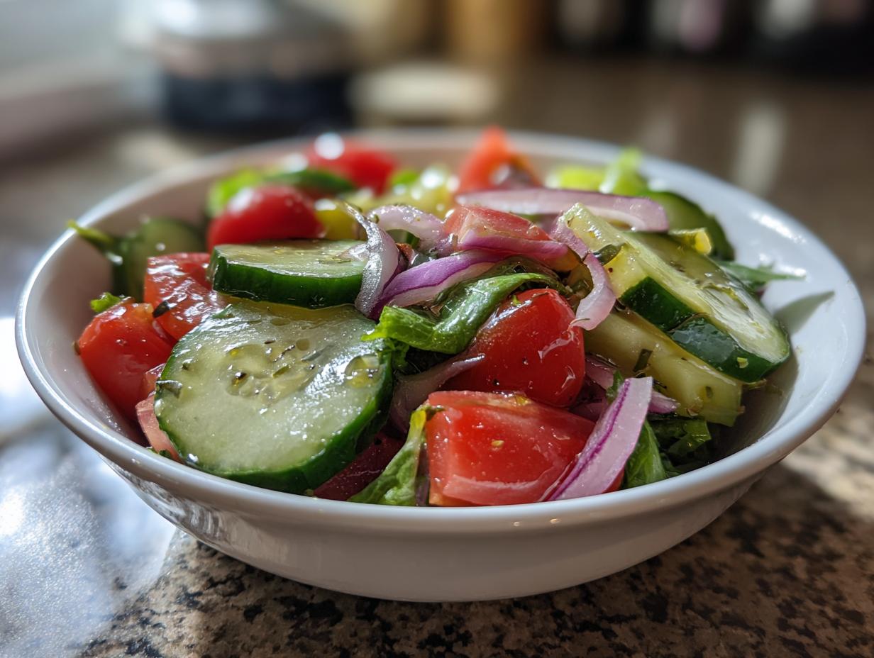 Bowl of fresh salad with cucumbers, tomatoes, and red onions for easy salad recipes