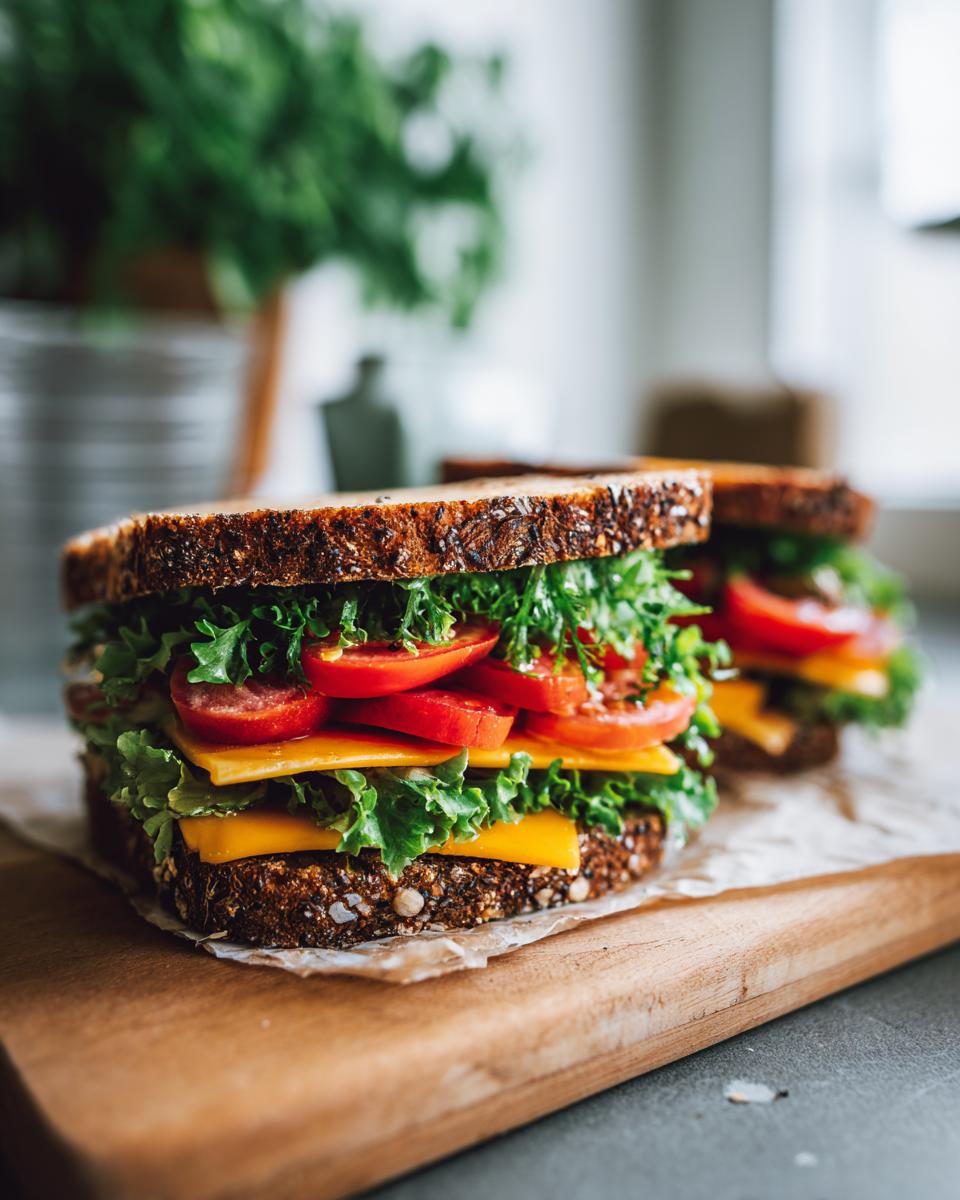 Close-up of a fresh veggie sandwich with cheddar, lettuce, and tomato on whole grain bread.