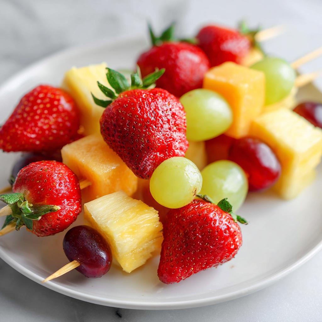 Close-up of fresh fruit skewers with strawberries, grapes, pineapple, and cantaloupe for fruit snack recipes.