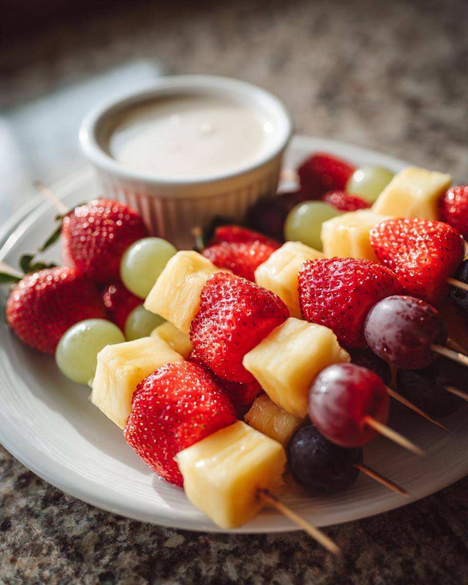 Plate of fruit skewers with strawberries, pineapple, grapes, and a dipping sauce for kid friendly snack recipes