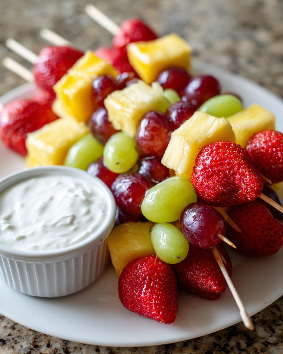 Plate of colorful fruit skewers with strawberries, grapes, pineapple, and a side of creamy dip kid friendly snack recipes