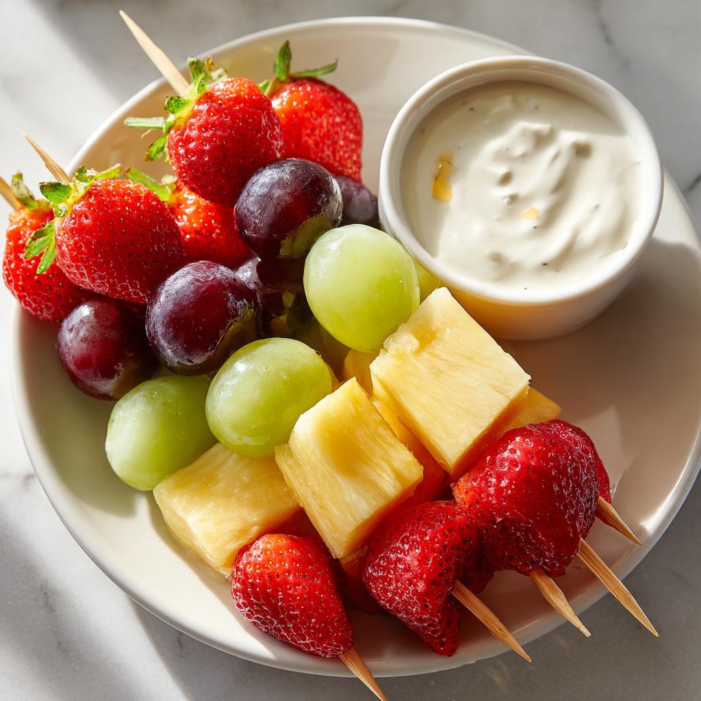 Plate with colorful fruit skewers including strawberries, grapes, pineapple, and a side of creamy dip kid friendly snack recipes