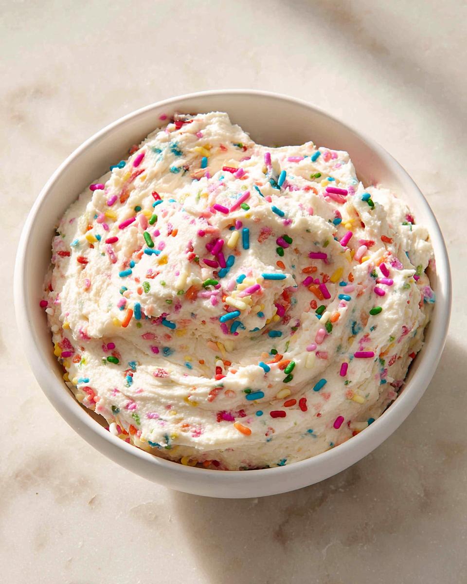 White bowl filled with creamy Funfetti dessert dip recipe topped with colorful sprinkles.