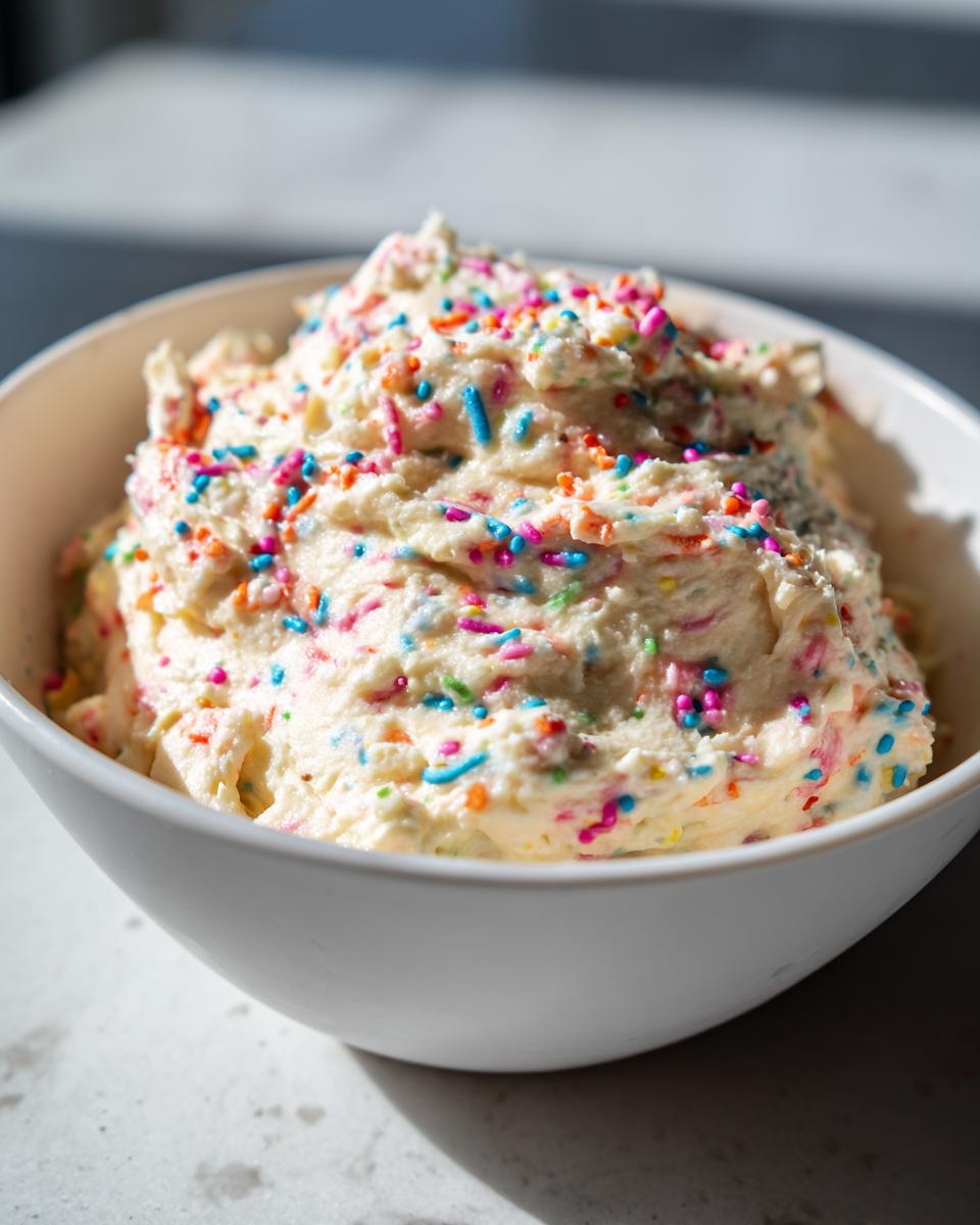 Bowl of creamy Funfetti dessert dip recipe with colorful sprinkles mixed in.