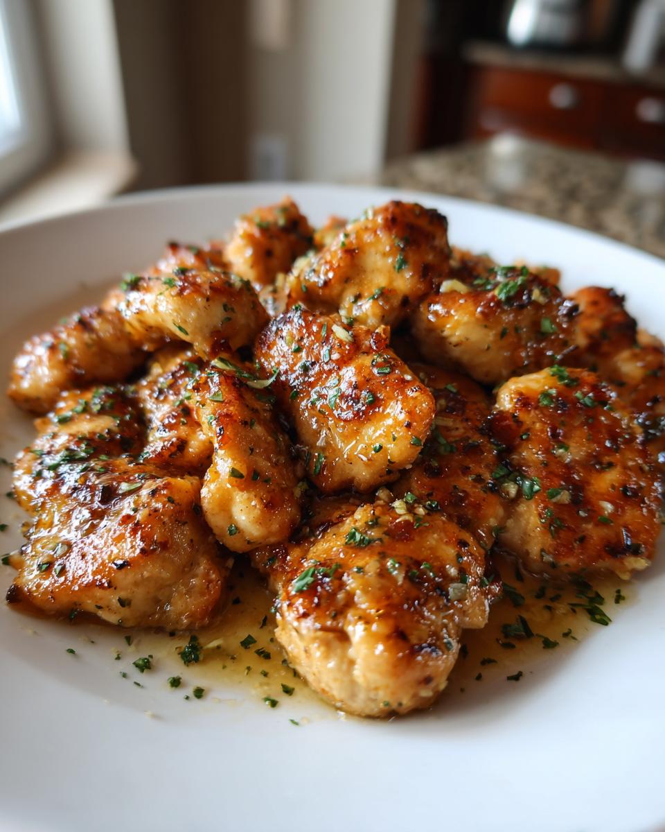 Plate of golden garlic herb chicken bites garnished with parsley and sauce, easy chicken dinner recipes