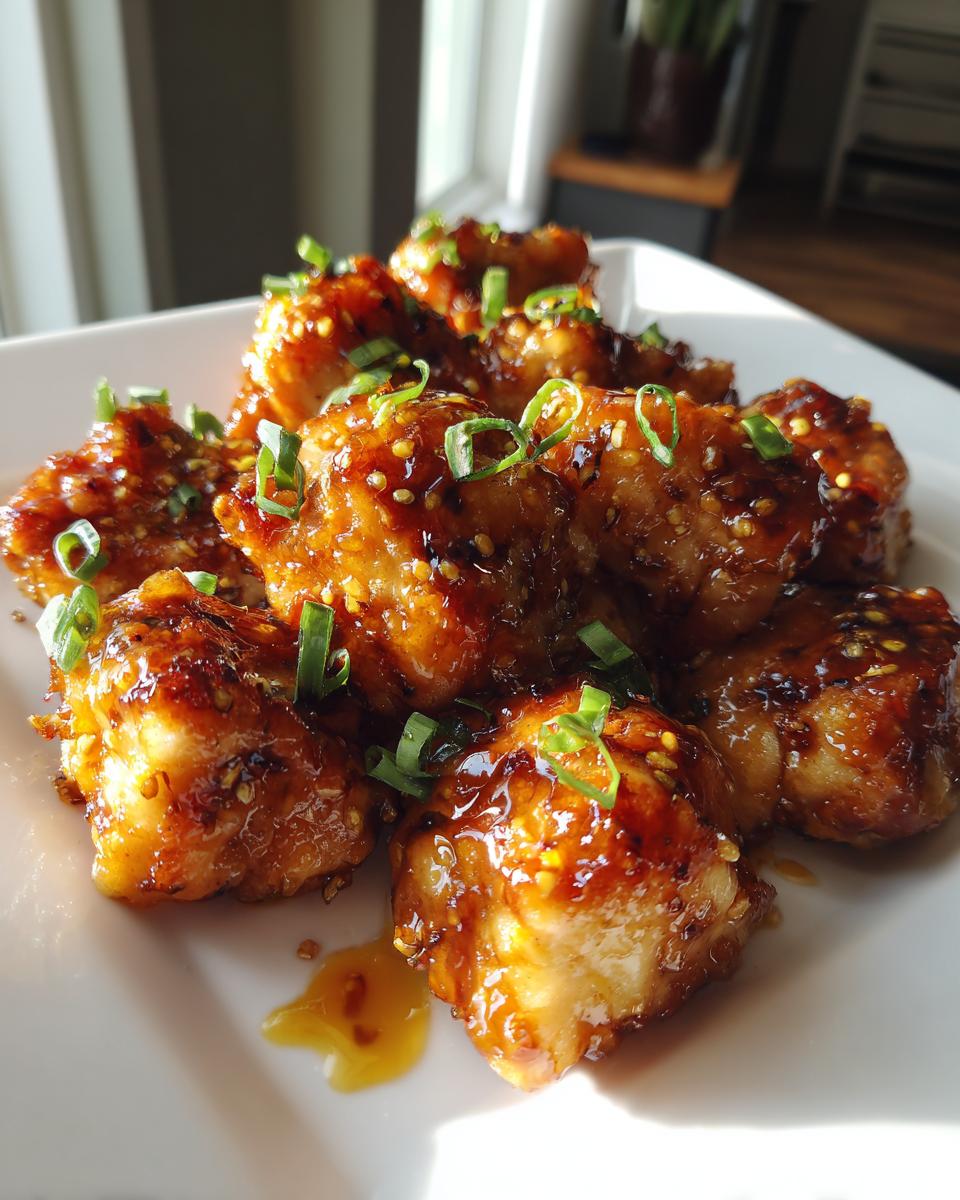 Close-up of glazed chicken bites sprinkled with green herbs on a white plate.