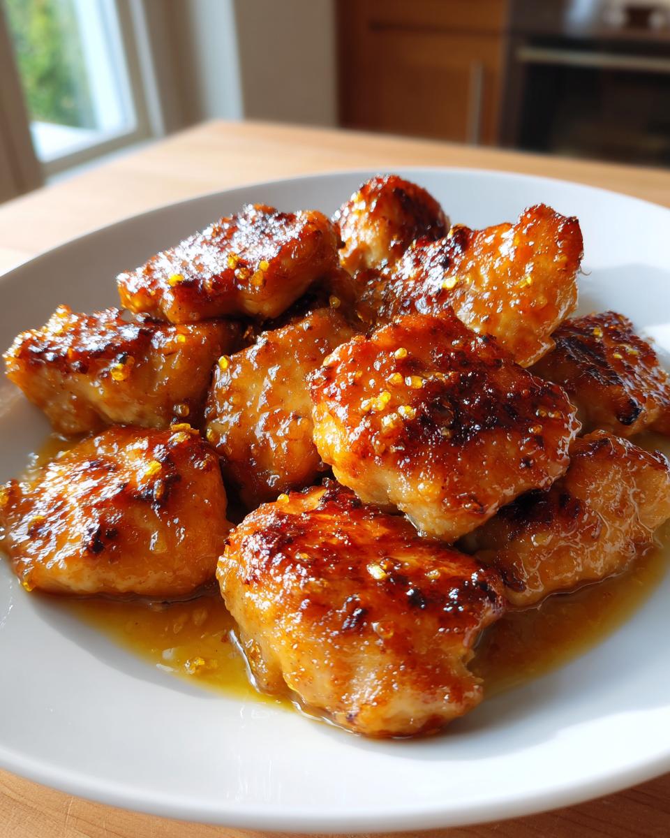 Plate of glazed, golden-brown chicken bites with a shiny sauce for fresh spring chicken recipes