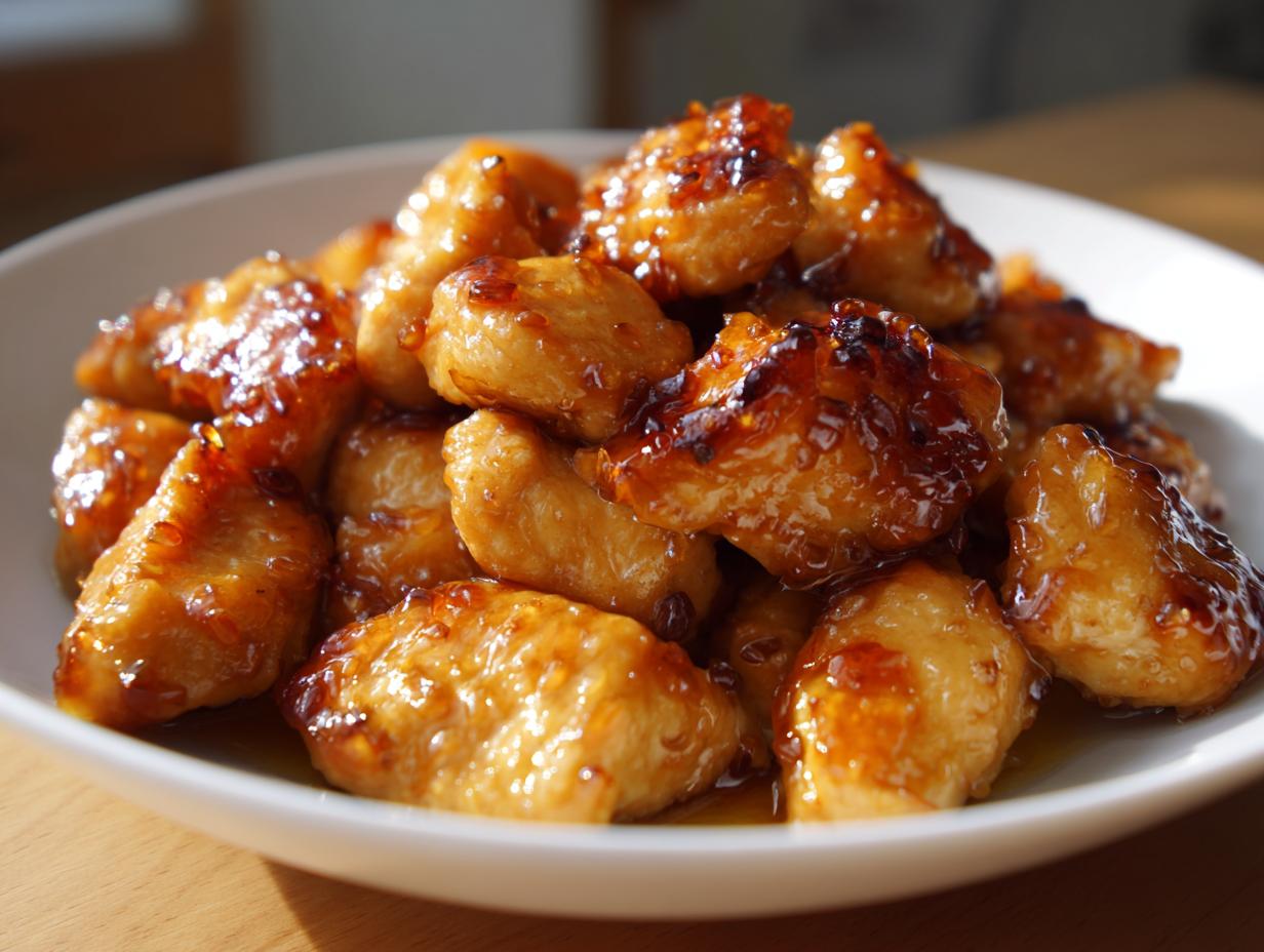 Close-up of glazed chicken bites on a white plate, perfect for fresh spring chicken recipes.
