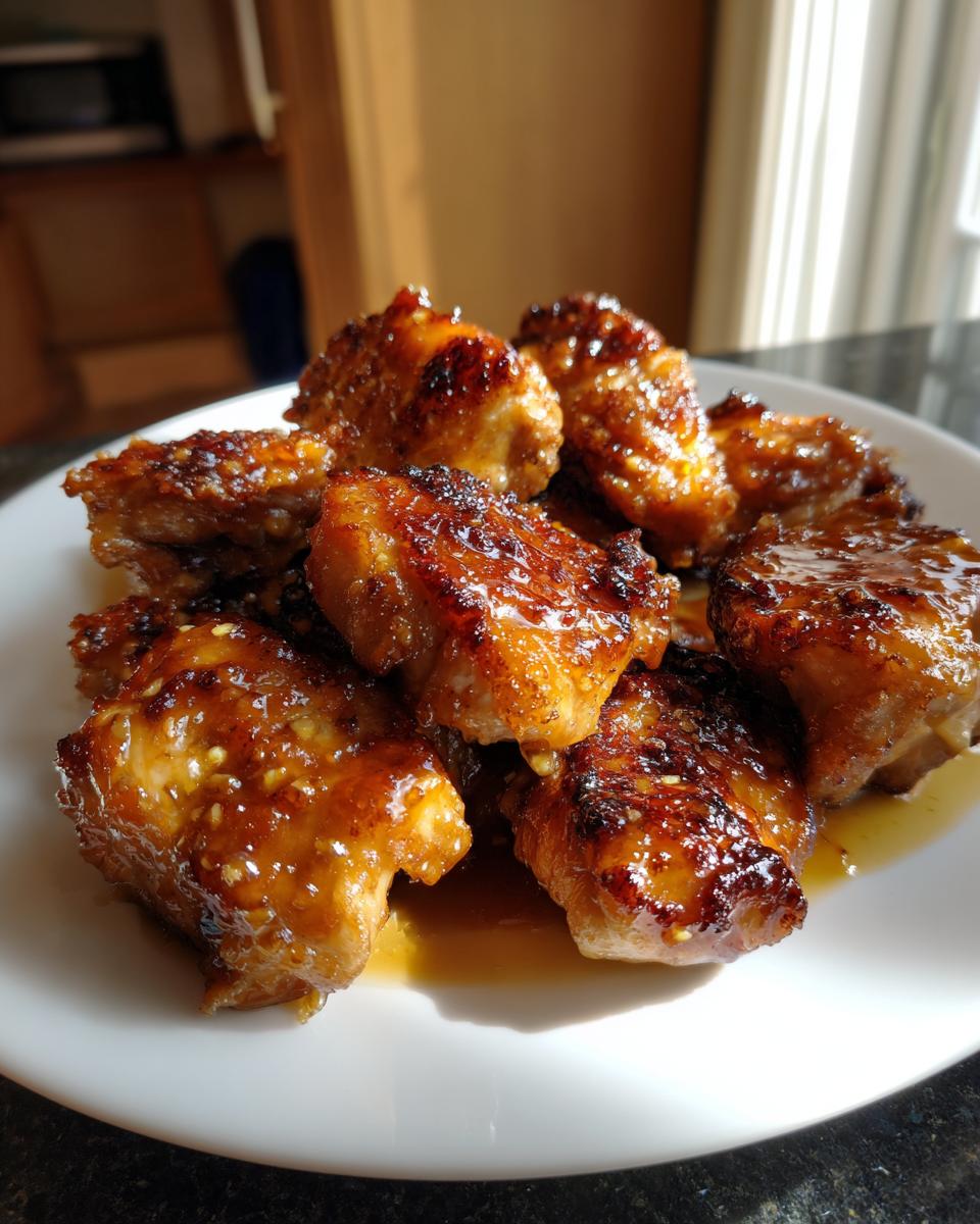 Plate of glazed, crispy chicken thighs with a golden-brown finish for fresh spring chicken recipes