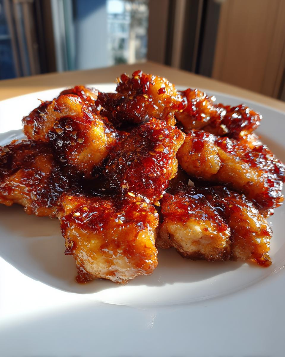 Close-up of glazed crispy chicken bites coated in a sticky sauce on a white plate.