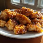 Close-up of glazed crispy chicken pieces on a white plate, showcasing fresh spring chicken recipes.