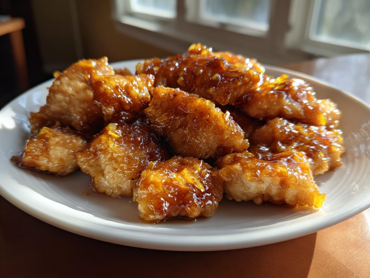 Close-up of glazed crispy chicken pieces on a white plate, showcasing fresh spring chicken recipes.