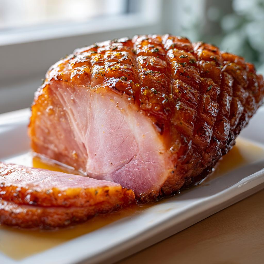 Close-up of a glazed ham with a crispy, caramelized crust on a white platter for Easter dinner recipes