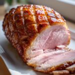 Close-up of a glazed ham with a golden-brown crust sliced on a white platter for Easter dinner recipes