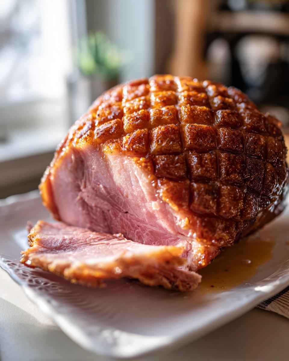 Close-up of a sliced glazed ham with crispy scored crust on a white platter for Easter dinner recipes