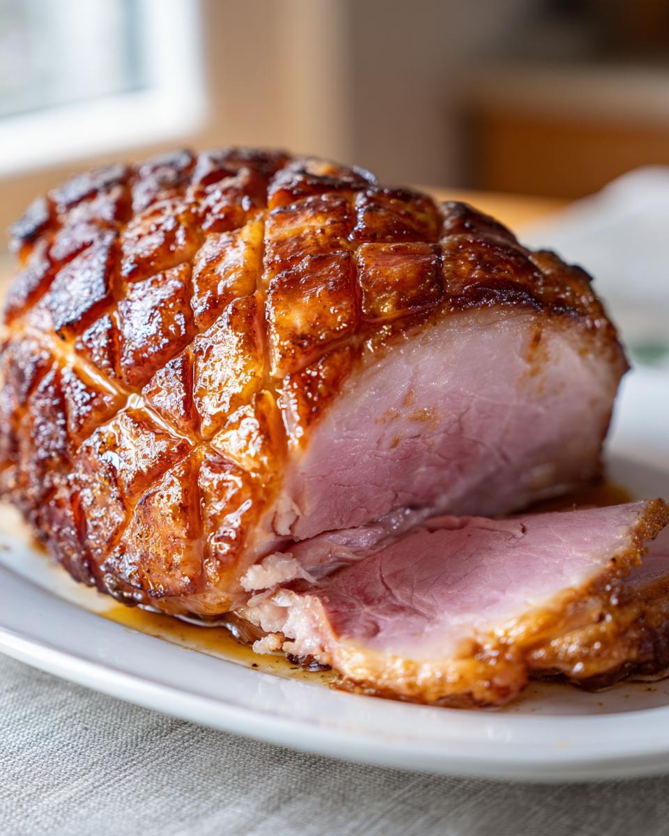 Close-up of glazed ham with a slice cut on a white plate for Easter dinner recipes