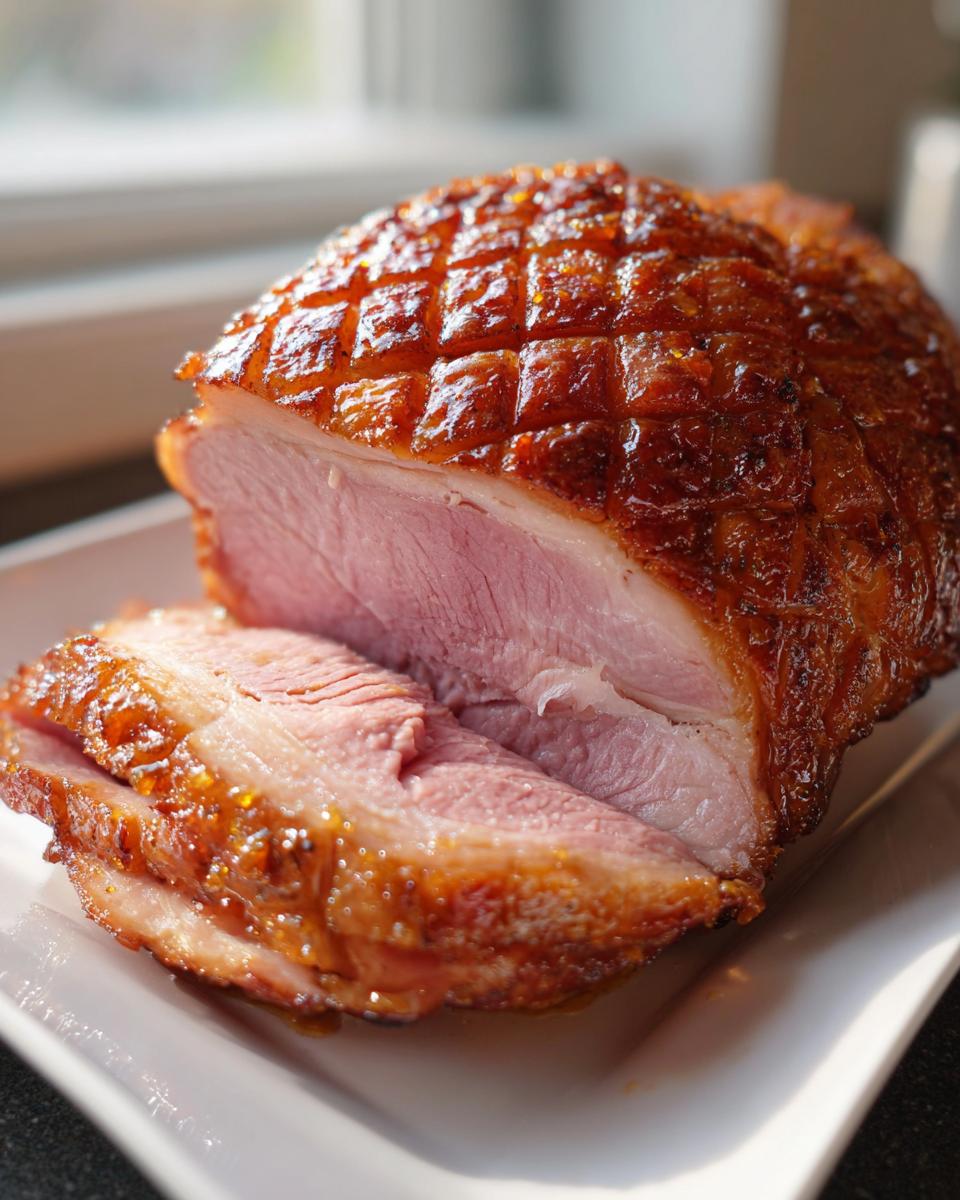 Close-up of a glazed ham with a crisscross pattern, sliced and ready to serve for Easter dinner recipes.