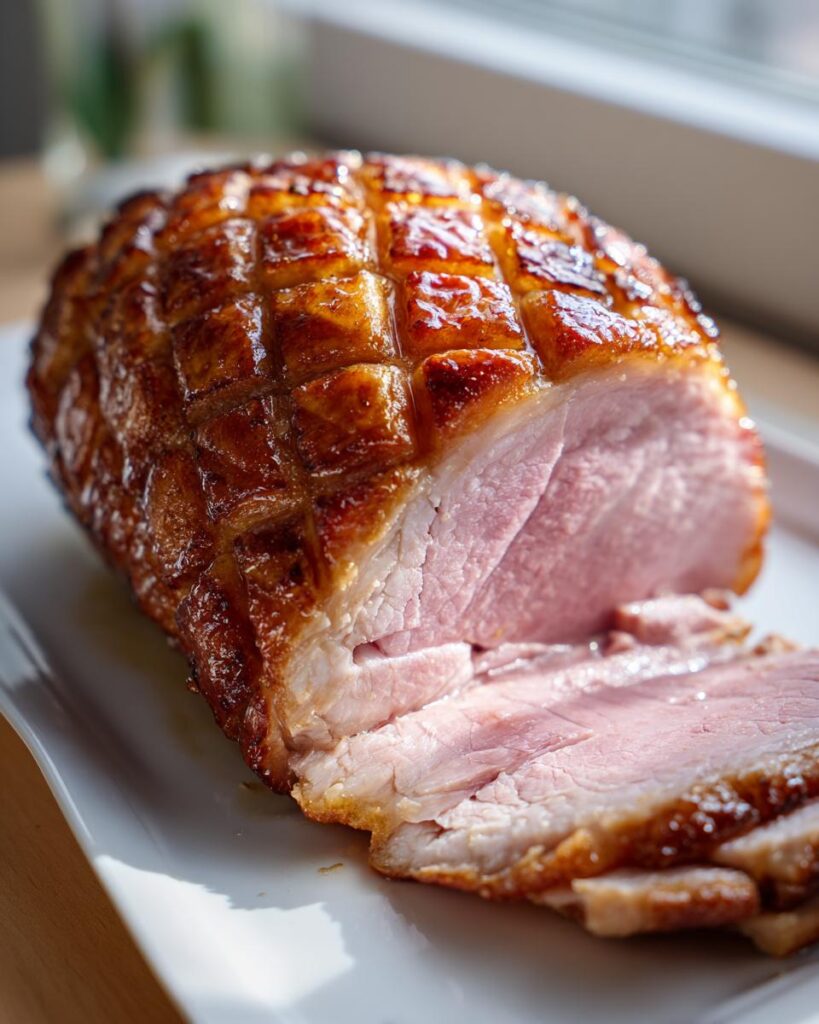 Close-up of a glazed ham with a golden-brown crust sliced on a white platter for Easter dinner recipes