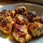 Close-up of glazed herb chicken bites in a white bowl, perfect easy chicken dinner recipes