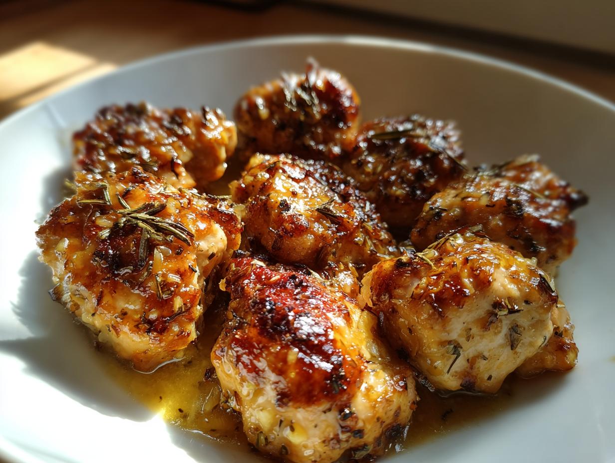 Close-up of glazed herb chicken bites in a white bowl, perfect easy chicken dinner recipes